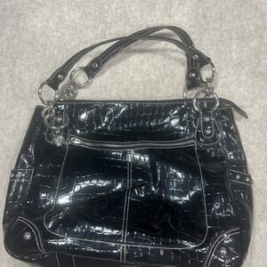Kathy Van Zeeland  Black Patent Leather Croc-Embossed Bag Large Gorgeous EUC